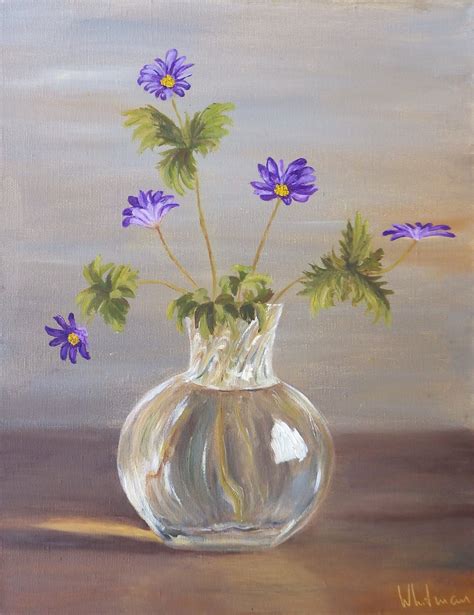 A Painting Of Purple Flowers In A Glass Vase