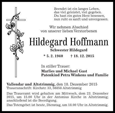 Traueranzeigen Von Hildegard Hoffmann Rz Trauer De