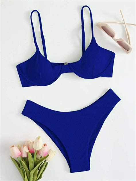 Shein Royal Blue Rib Underwire Bikini Women S Fashion Swimwear