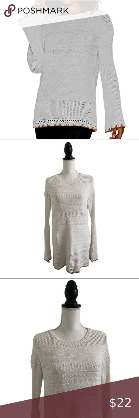 Knox Rose White Knit Pullover Sweater Tunic Bell Sleeves And Trim Womens