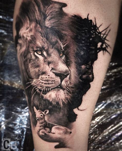 A Black And White Tattoo With A Lion On It S Leg Holding A Mouse