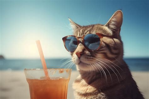 A Cat Wearing Sunglasses And A Drink With A Straw Premium AI