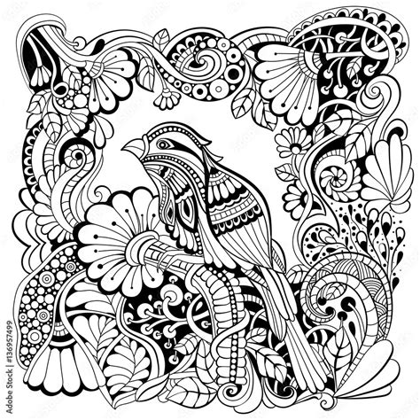 Bird in fantasy garden. Black and white pattern in a zentangle style ...