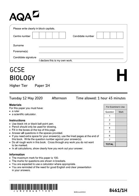 Solution Aqa Gcse Biology Higher Tier Paper 1 2020 Pdf Studypool