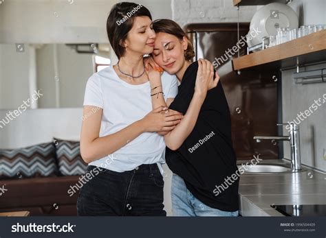Positive Lesbian Couple Girls Hugging Leaning Stock Photo 1996504409 Shutterstock