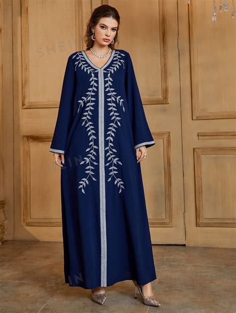 Shein Najma Plant Embroidered Contrast Tape Belted Kaftan Shein