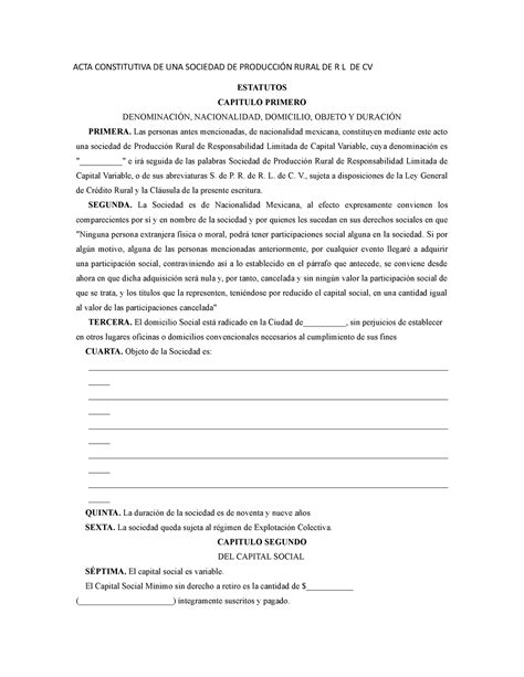 Acta Constitutiva De Una Sociedad De Producci N Rural De R L De Cv