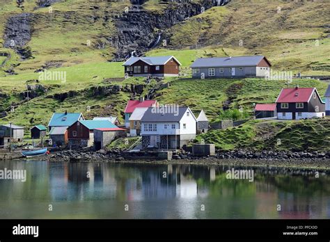 small village  eysturoy island faroe islands denmark stock photo