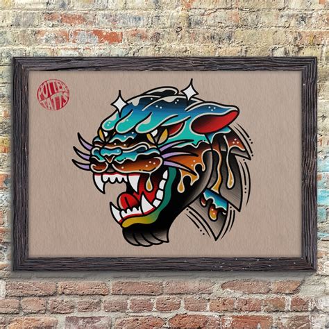 Chrome Panther Old School Traditional Tattoo Flash Art Print Etsy