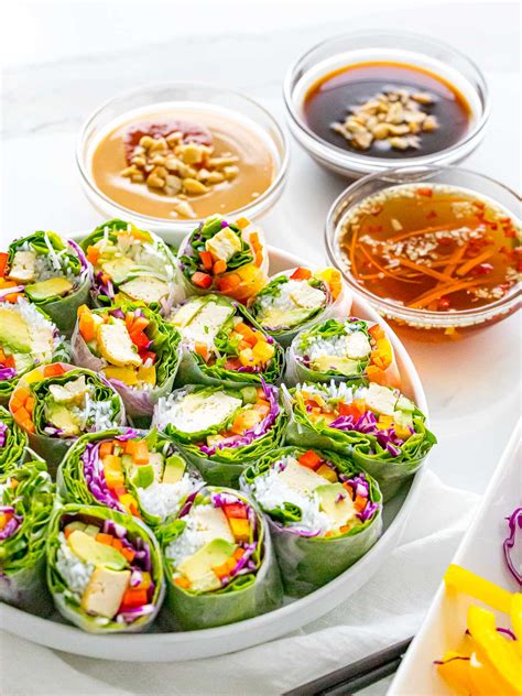 Vegetarian Summer Rolls With 3 Dipping Sauces Drive Me Hungry