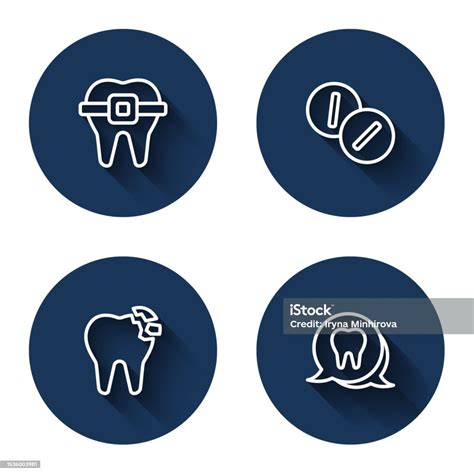 교정기 치통 진통제 정제 부러진 치아 및 긴 그림자가있는 선 치아를 설정하십시오 파란색 원 버튼입니다 벡터 건강 진단에 대한