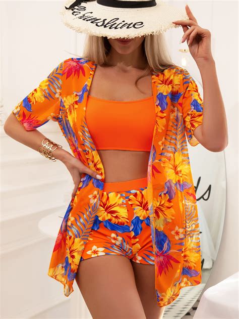 Shein Swim Classy Bikini Imprimé Floral Avec Kimono Mode En Ligne