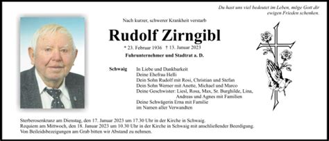 Traueranzeigen Von Rudolf Zirngibl Mittelbayerische Trauer