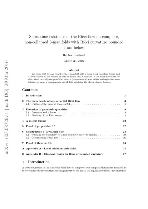 PDF Short Time Existence Of The Ricci Flow On Complete Non Collapsed