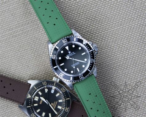 Rolex Submariner On A Green Vintage Tropic Rubber Watch Strap Cns