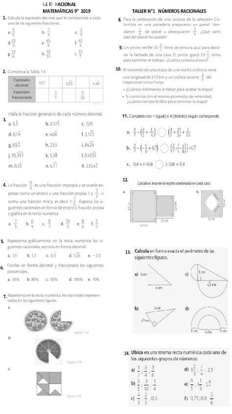 TALLER N1 NÚMEROS RACIONALES 9 RINCON DE LAS MATEMÁTICAS Grado 9 y