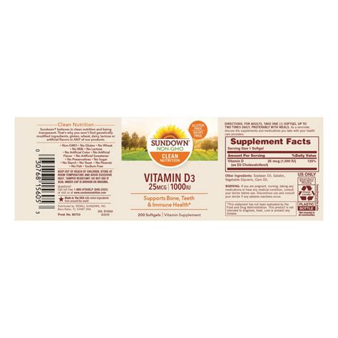 Sundown Naturals Vitamin D3 1000iu 200 Softgels Vitamin Sg