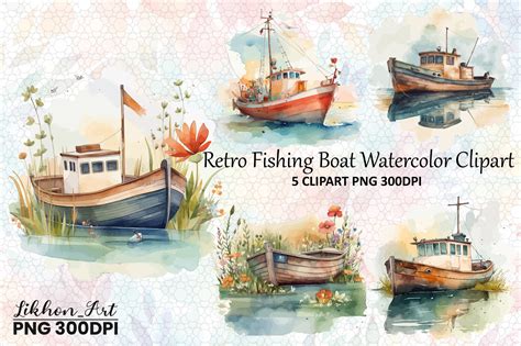 Retro Fishing Boat Watercolor Clipart Graphic By Likhon Art Creative