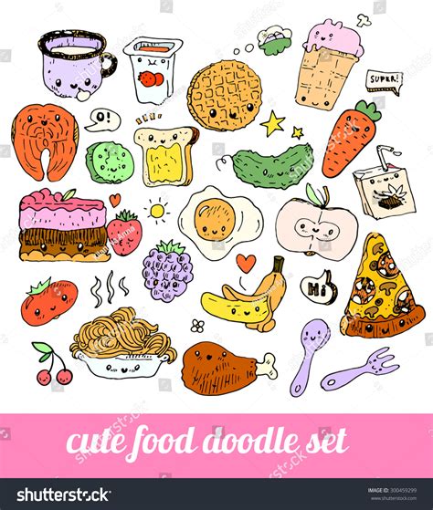 Set Cute Food Doodles Sketches Pizza Stock Vector 300459299 Shutterstock