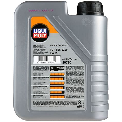 8L Original Liqui Moly Top Tec 6200 0W 20 Huile Moteur VW 508 00 509 00