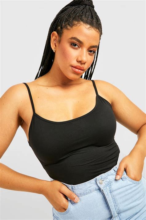 Black Plus Basic Strappy Cami Bodysuit Boohoo Uk