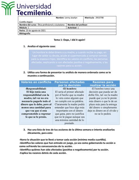 Actividad 1 Etica Profesional Y Ciudanana Modulo 1 Nombre Lenny