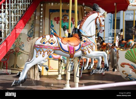 Horses On A Carnival Merry Go Round Old French Carousel In A Holiday