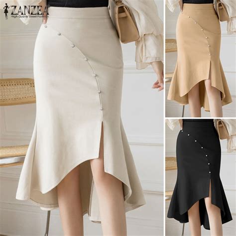 Esolo ZANZEA Korean Style Women Fishtail High Waist Midi Skirts OL Work