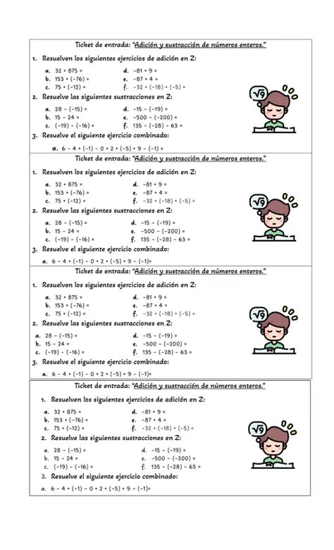 Ticket De Entrada Numeros Enteros Adición Y Sustracción Profe Social