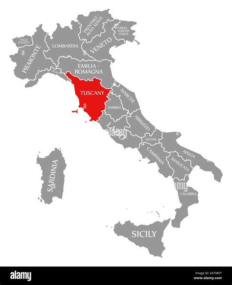 Tuscany Red Highlighted In Map Of Italy Stock Photo Alamy