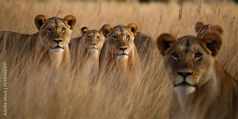 A Pride Of Lions Stalking Their Prey Through The Tall Grass Concept Of