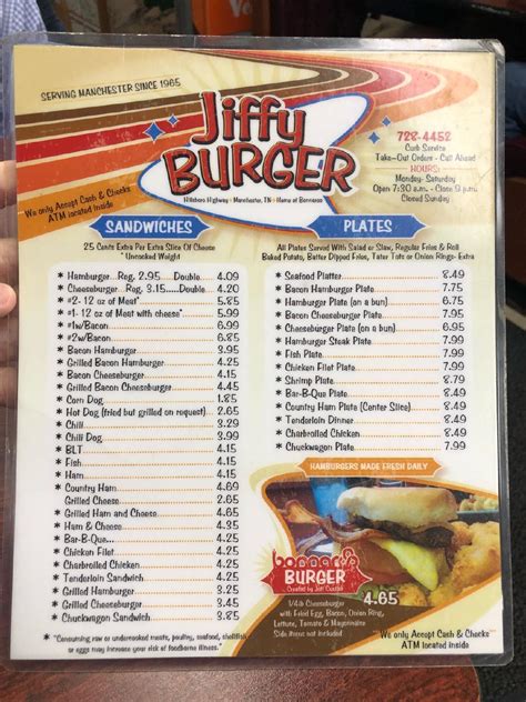 Menu at Jiffy Burger restaurant, Manchester