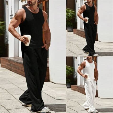 Men Tracksuit Set Solid Color 2 Pieces Casual Sleeveless Mens Vest And