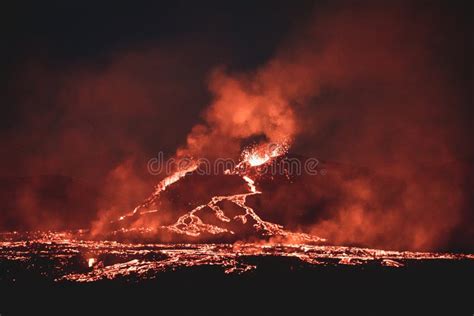 Night View of a Volcano Eruption in Iceland. Fiery Rivers Flowing Down ...