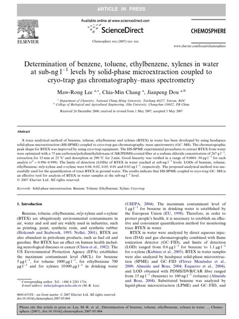 Determination Of Benzene Toluene Ethyl Benzene Xylenes In Water Pdf Gas Chromatography