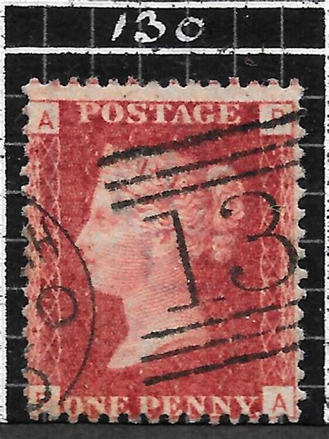 GB QV 1868 SG43 44 1d Penny Red Good Used Plate 130 PA Great