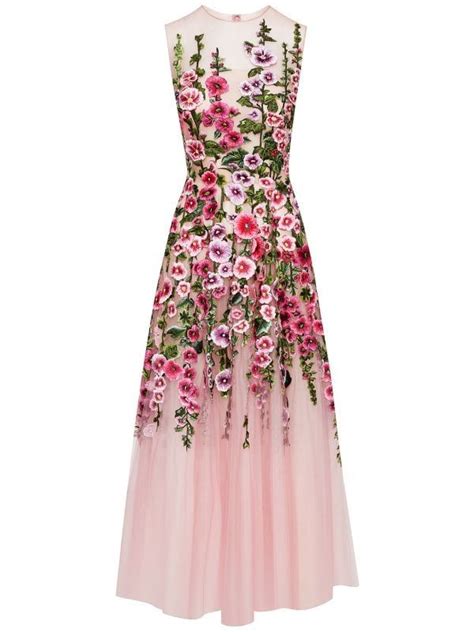 Oscar De La Renta Floral Embroidery Tulle Panels Dress Farfetch