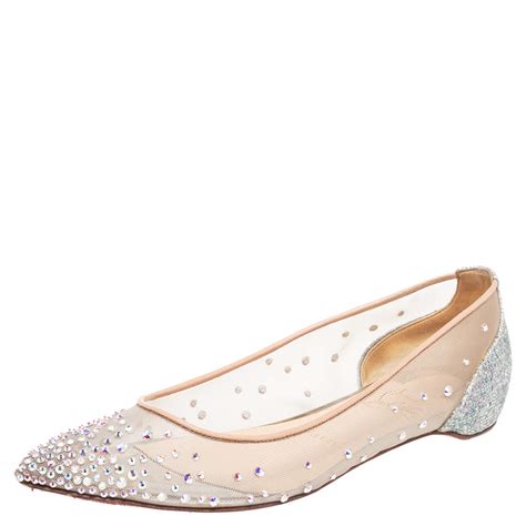 Christian Louboutin Silver Beige Mesh And Glitter Follies Strass Ballet