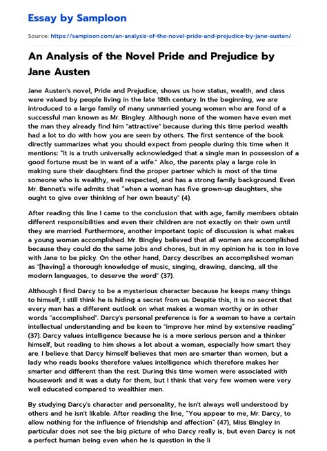 An Analysis Of The Novel Pride And Prejudice By Jane Austen Free