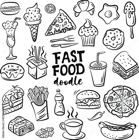 Set Of Hand Drawn Food Isolated On White Background Doodle Set Of Fast