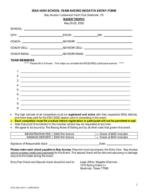 Fillable Online Issa High School Team Racing Regatta Entry Form Fax