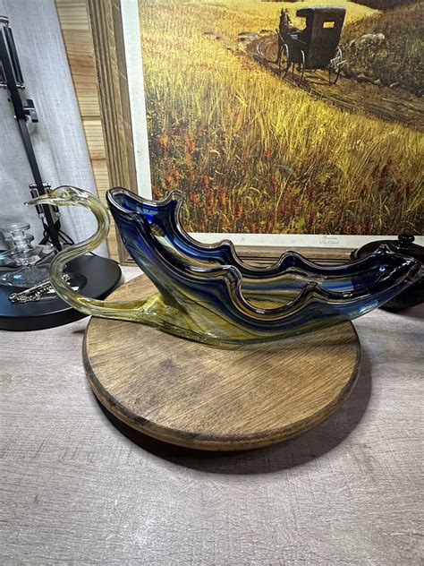 Vintage Glass Swan Bowl Hand Blown Blue Murano Glass Large Unique Oblong Shaped Dish Etsy