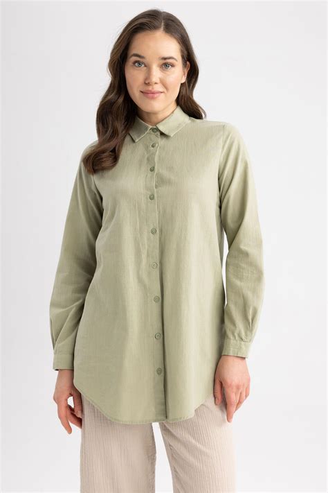 Khaki Damen Regular Fit Langarm Tunika Aus Baumwolle Defacto