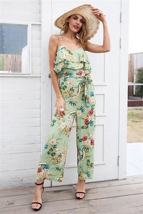 Green Print Ruffle Hem Jumpsuit Fashion Long Jumpsuits Jumpsuits