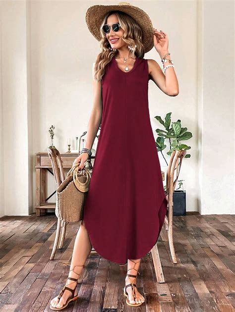 Shein Lune Solid Curved Hem Tank Dress Shein Usa