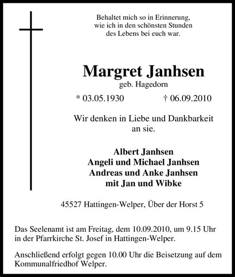 Trauer Und Todesanzeigen Von Margret Janhsen Trauer De