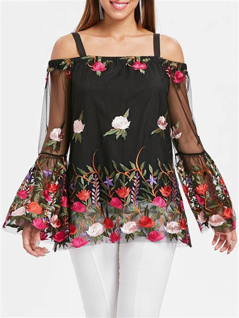 Open Shoulder Embroidered Blouse Black 3y81633913 Womens