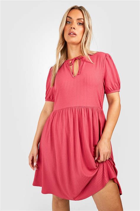 Womens Plus Rib Keyhole Smock Dress Boohoo Uk