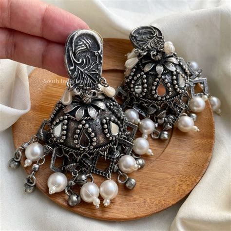 Oxidised Silver Keish Pearl Jhumkas South India Jewels