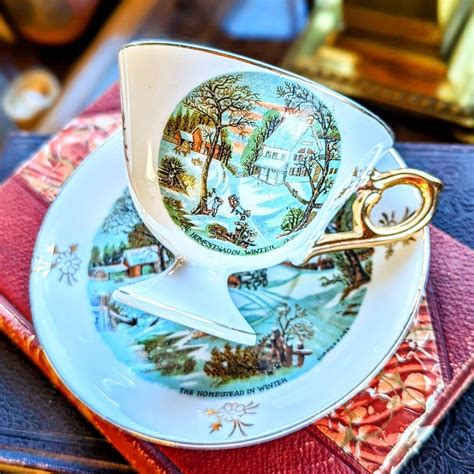 Vintage Enesco Currier Ives The Homestead In Winter Teacup And Saucer